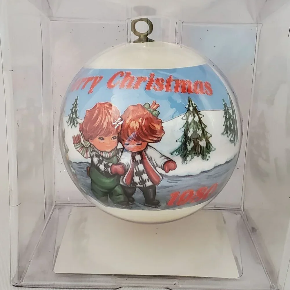 VTG Hummelwerk 1980 Redhead Skaters Satin Christmas Ornament
